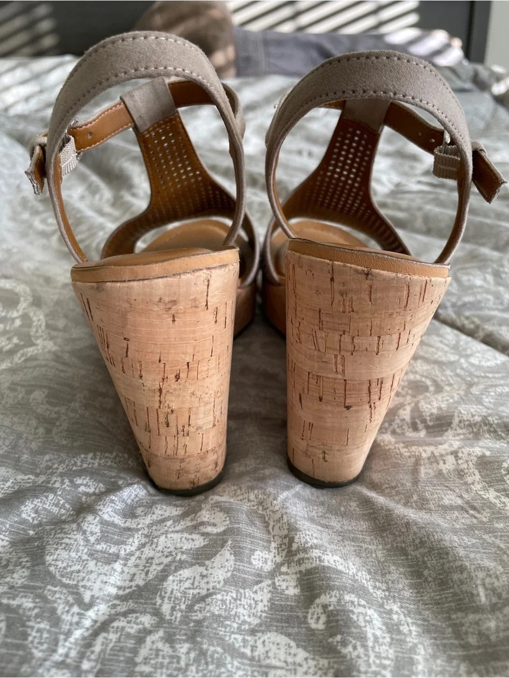Franco Sarto Beige Perforated T-Strap Cork Wedge Sandals